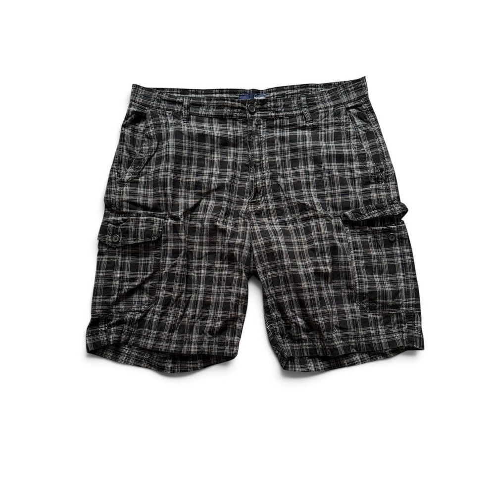 Basic Editions Mens Plaid Cargo Shorts Black Gray Check Skater Utility Size 36